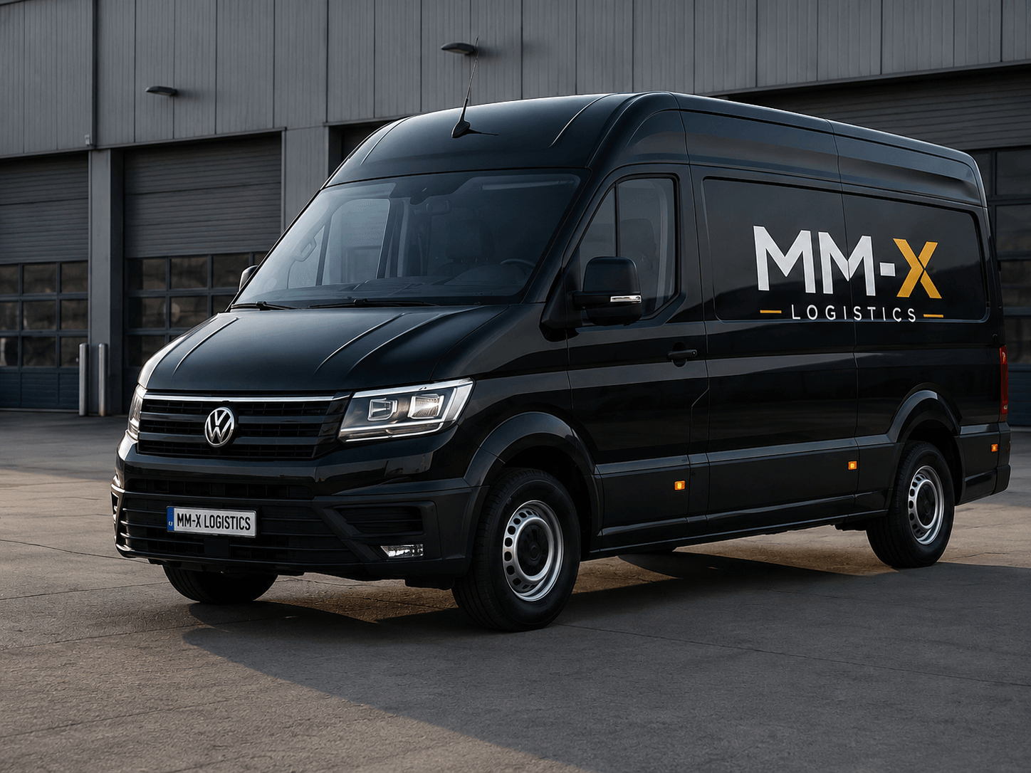 Schwarzer MM-X Logistics VW Crafter vor einer Lagerhalle